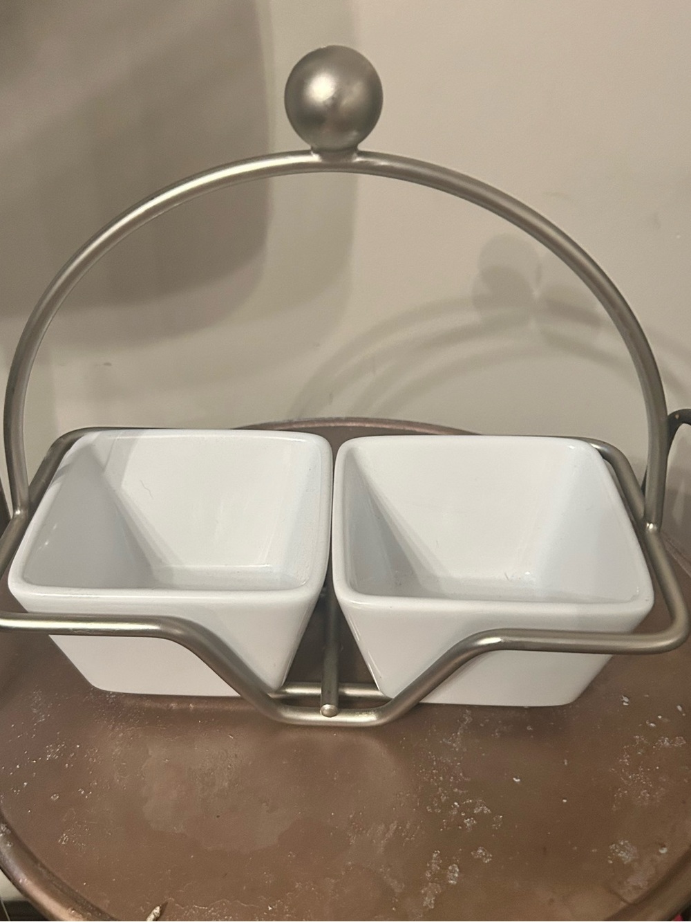 The Pampered Chef White Ceramic Double Dip Bowl Set with Metal Stand